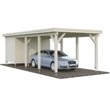 Holzcarport mit Geräteraum und Auto