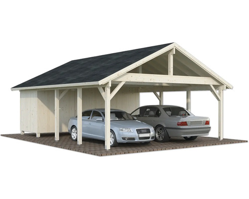 Doppelcarport aus Holz mit zwei parkenden Autos