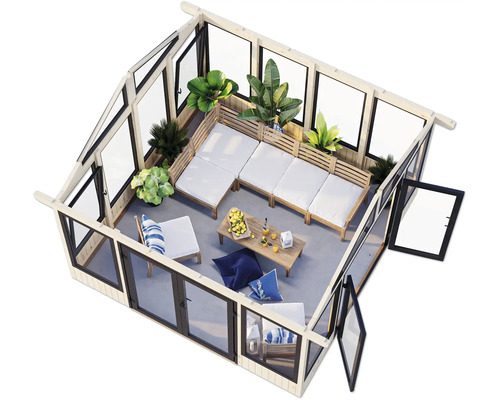 Innenansicht eines Gartenhauses mit Sitzgruppe, Tisch und Pflanzen