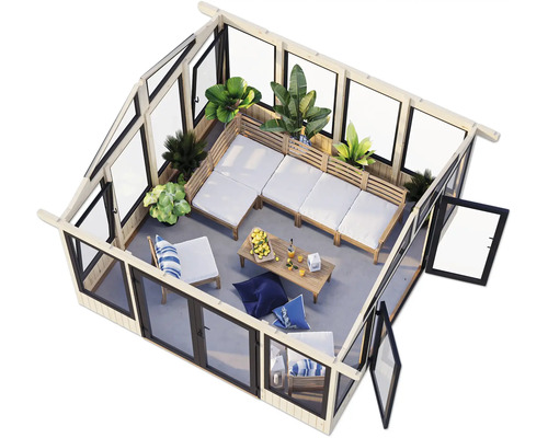 Gartenhaus mit Sitzgruppe, Tisch und Pflanzen in heller und freundlicher Atmosphäre