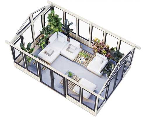 Ansicht von oben eines Wintergartens mit Sitzgruppe und Pflanzen