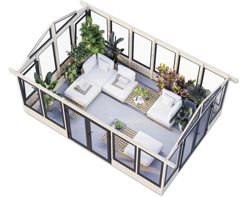 Innenansicht eines hellen Gewächshauses mit Sitzmöbeln und Pflanzen