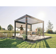 Pergola mit Lamellendach, Sonnenschutzrollos und Personen im Garten