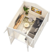 Innenansicht eines Holzhauses mit Wohnbereich, Sofa und Fernseher