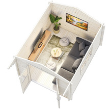 Innenansicht eines Gartenhauses mit Sofa, Tisch, Fernseher und Dekoration