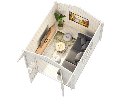 Innenansicht eines Gartenhauses mit Sofa, Tisch und Dekoration