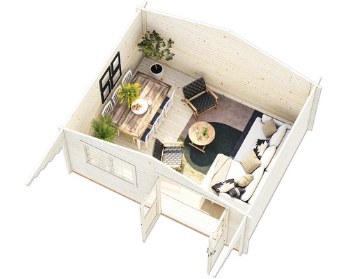 Innenansicht eines Gartenhauses mit Möbeln und Dekoration