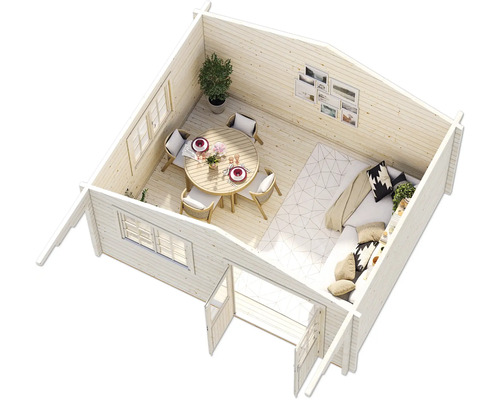 Schnittansicht eines Gartenhauses mit Möbeln und Dekoration.