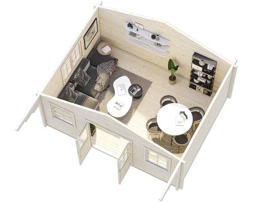 Innenansicht eines Gartenhauses mit Wohnbereich und Essbereich