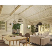 Helles Holzhaus-Interieur mit Wohnbereich und Essbereich