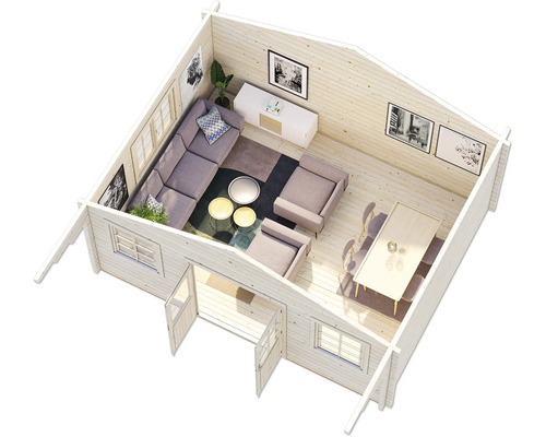 Innenansicht eines Gartenhauses mit Wohnbereich, Sitzecke und Essbereich.