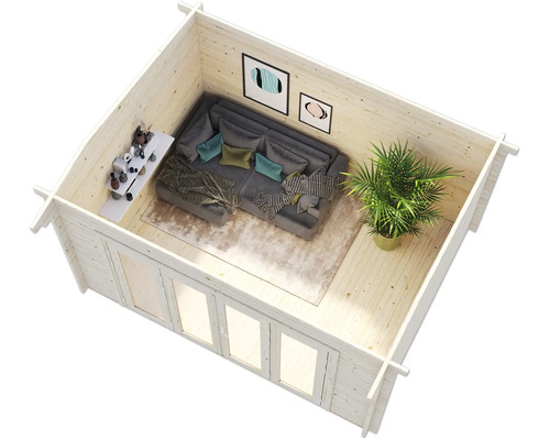 Helles Gartenhaus mit Sofa, Tisch und Zimmerpflanze