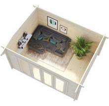 Holzgartenhaus mit Sofa, Pflanze und Dekoration