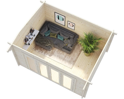 Holzgartenhaus mit Sofa, Pflanze und Dekoration