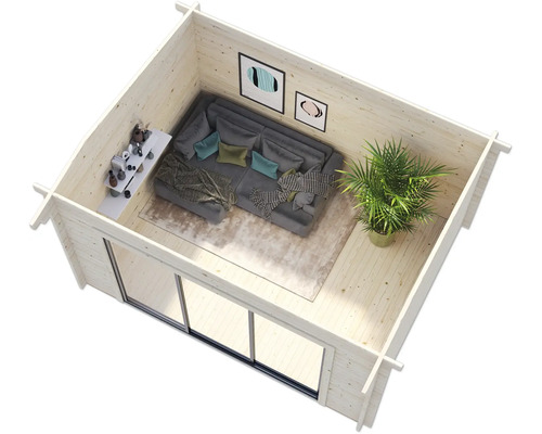 Innenansicht eines Holzgartenhauses mit Sofa, Tisch und Pflanze