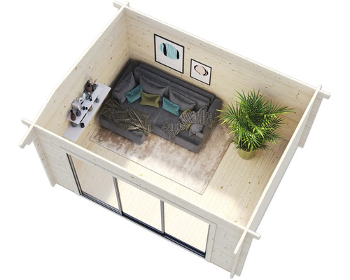 Innenansicht eines Holzgartenhauses mit Sofa, Tisch und Zimmerpflanze