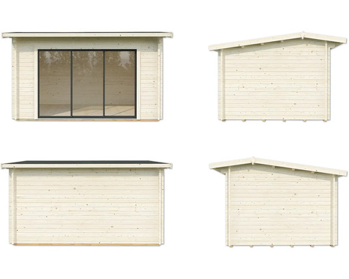 Mehrere Ansichten eines Gartenhauses aus Holz mit Fenster