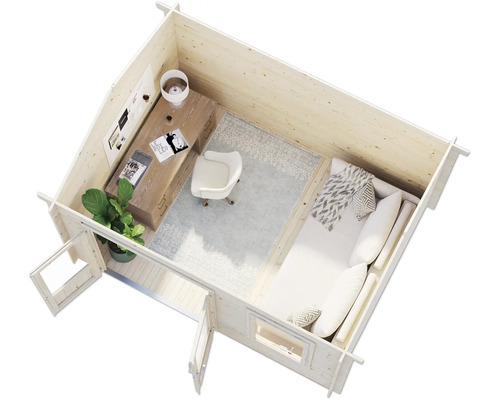 Innenansicht eines Gartenhauses mit Schreibtisch und Liege