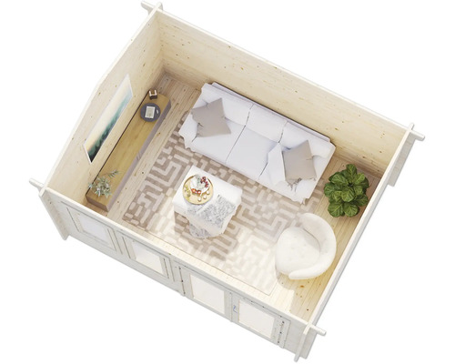 Innenansicht eines Holzhauses mit Möbeln und Dekorationen