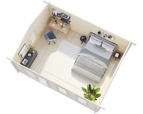 Draufsicht eines Blockhauses eingerichtet als Schlaf- und Arbeitszimmer mit Bett, Schreibtisch und Stauraum