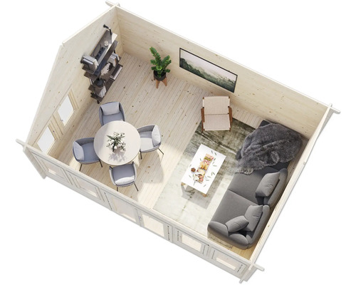 Innenansicht eines Holzhauses mit Wohnbereich, Essbereich und Regalen