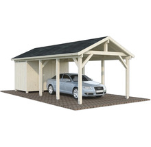 Carport mit Geräteschuppen und Auto
