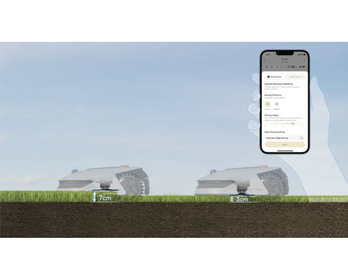 Zwei Rasenmähroboter mit unterschiedlicher Schnitthöhe und ein Smartphone mit einer App zur Einstellung der Schnitthöhe.