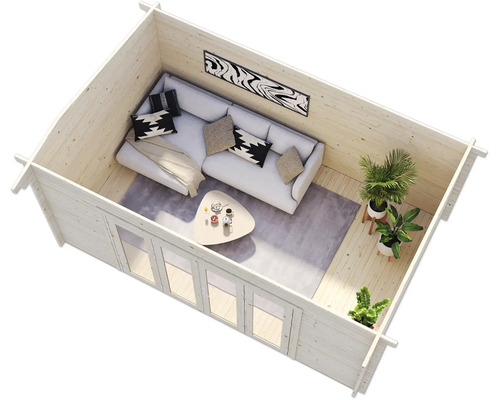 Innenansicht eines Gartenhauses mit Sofa, Tisch und Pflanzen