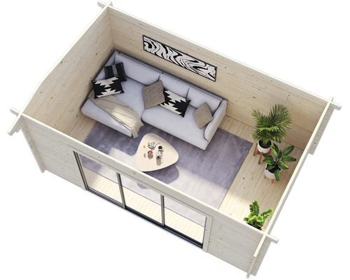 Innenansicht eines Gartenhauses mit Sofa, Tisch und Pflanzen