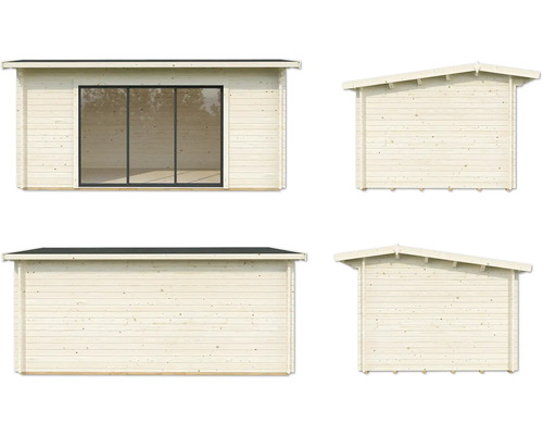 Mehransicht eines Holzgartenhauses mit Schiebetür