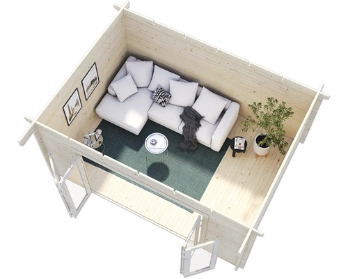 Holzgartenhaus mit Wohnbereich, Sofa, Tisch und Pflanze