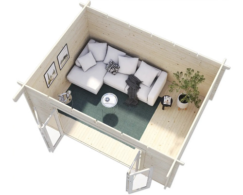 Innenansicht eines Gartenhauses mit Sofa, Tisch und Dekoration