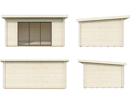 Ansichten eines Holzgartenhauses mit Schiebetür