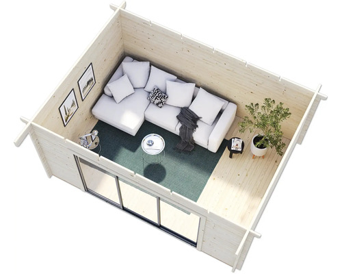 Innenansicht eines Holzgartenhauses mit Sofa, Teppich und Dekoration