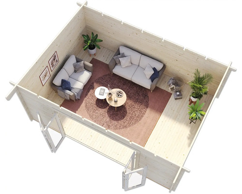 Innenansicht eines Holzgartenhauses mit Möbeln und Dekoration