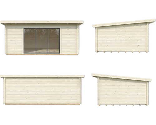 Mehransicht eines Gartenhauses mit Schiebetür