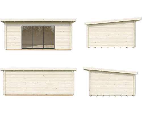 Ansichten eines Gartenhauses aus Holz mit Schiebetür