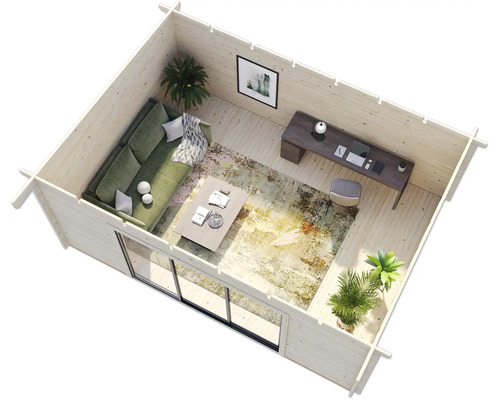 Innenansicht eines Holzhauses mit Wohnbereich und Arbeitszimmer