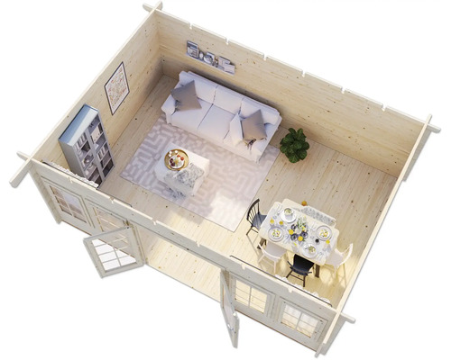 Innenansicht eines Gartenhauses mit Wohnbereich und Essbereich