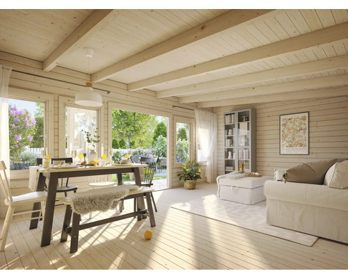 Heller Wohnraum mit Holzwänden, Esstisch und Sitzgelegenheiten sowie Sofa und Bücherregal