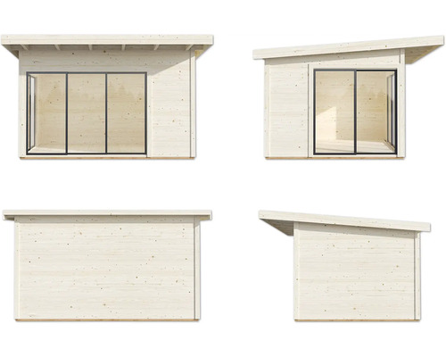 Mehrere Ansichten eines Holzgartenhauses mit Flachdach und Glasschiebetüren