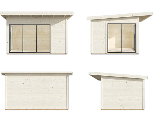 Verschiedene Ansichten eines Holz Gartenhauses mit Flachdach und Schiebetüren