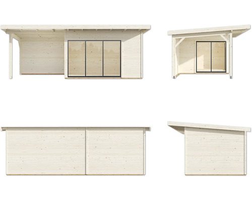 Mehransicht eines Gartenhauses mit Schiebetür und Vordach.