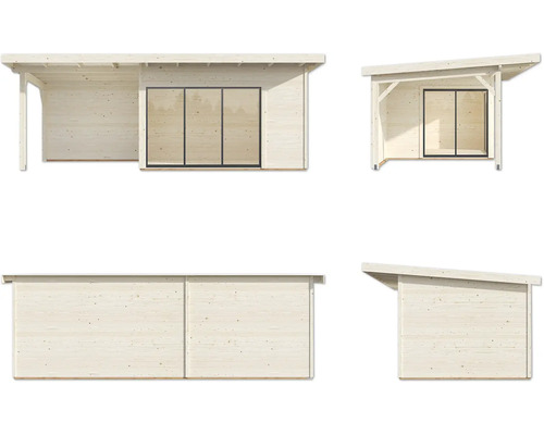Mehrfachansicht eines Gartenhauses aus Holz mit Schiebetür