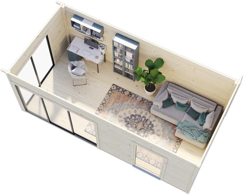 Innenansicht eines hellen Gartenhauses mit Büro- und Wohnbereich