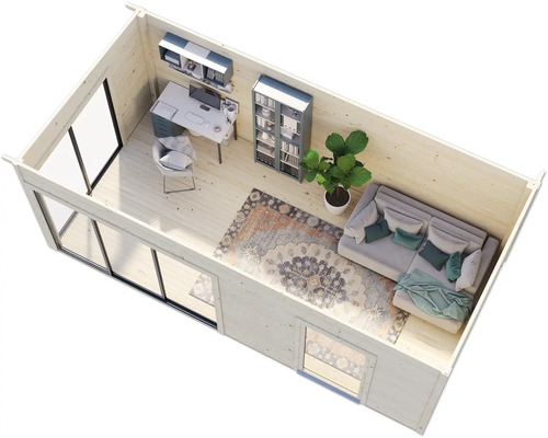 Innenansicht eines Gartenhauses mit Büro und Wohnbereich.