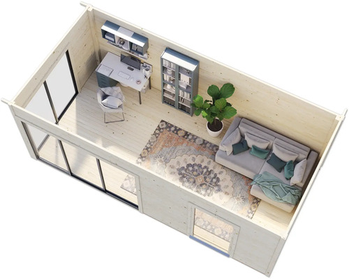 Innenraumansicht eines Gartenhauses mit Büroecke und Sitzecke mit Sofa