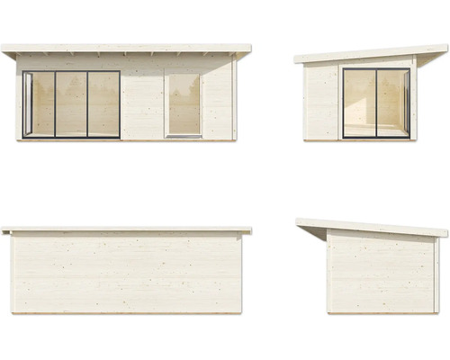Holzgartenhaus mit Schiebetür und Pultdach in verschiedenen Ansichten