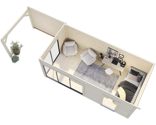 Draufsicht eines modernen Gartenhauses mit Terrasse, Wohnbereich und Schlafzimmer