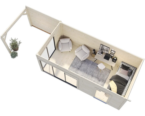 Draufsicht eines Holzgartenhauses mit Wohnbereich, Schlafbereich und Terrasse